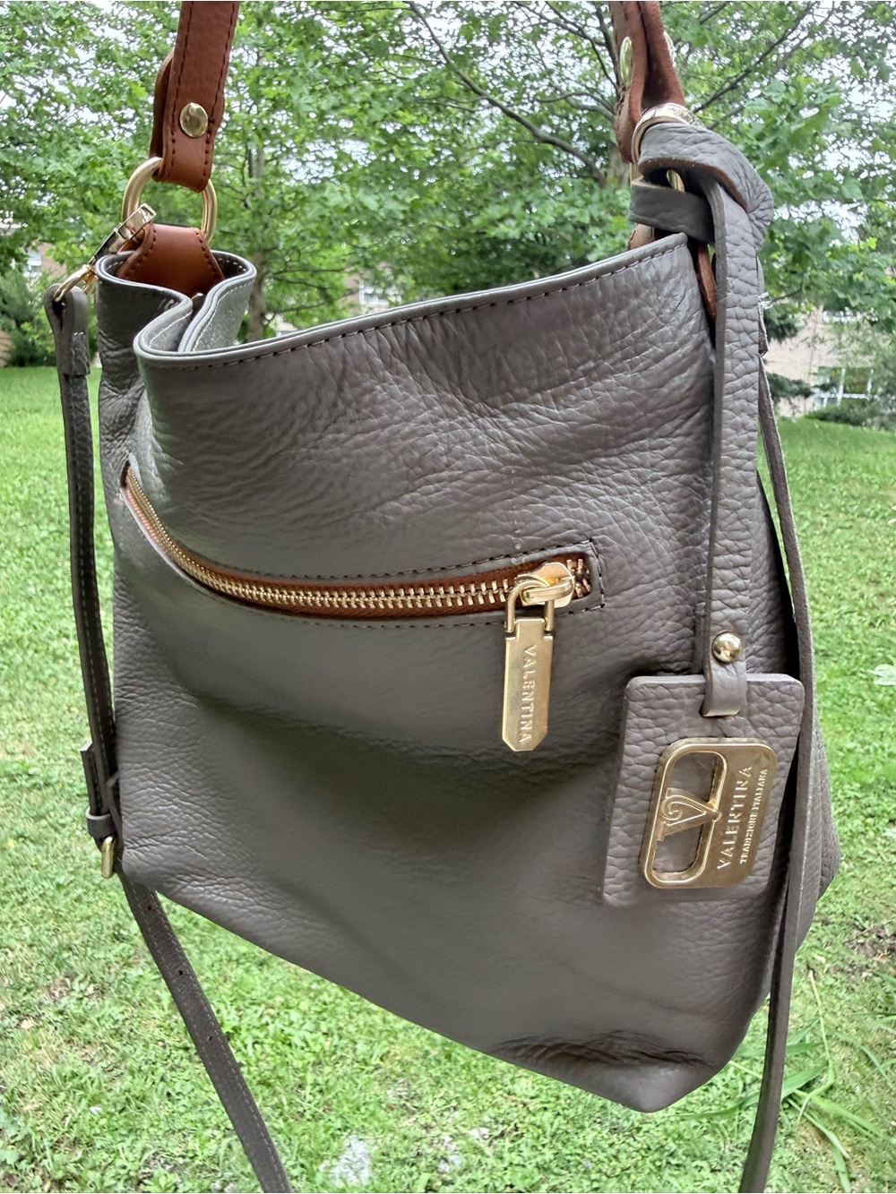 Valentina Taupe Pebbled Leather Shoulder Bag with Gold Hardware